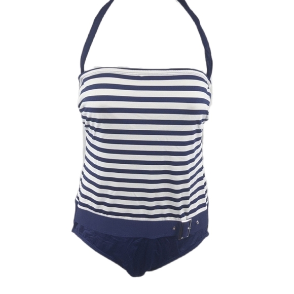 Beach House Stripe Halter Swimsuit w/Faux Buckle 8 - Picture 1 of 12